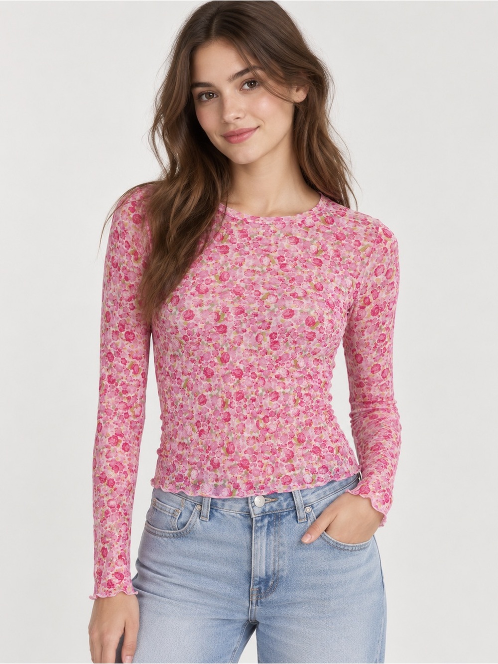 Adore Me Pink Floral Mesh Long Sleeve Top Size XL Y2K Romantic